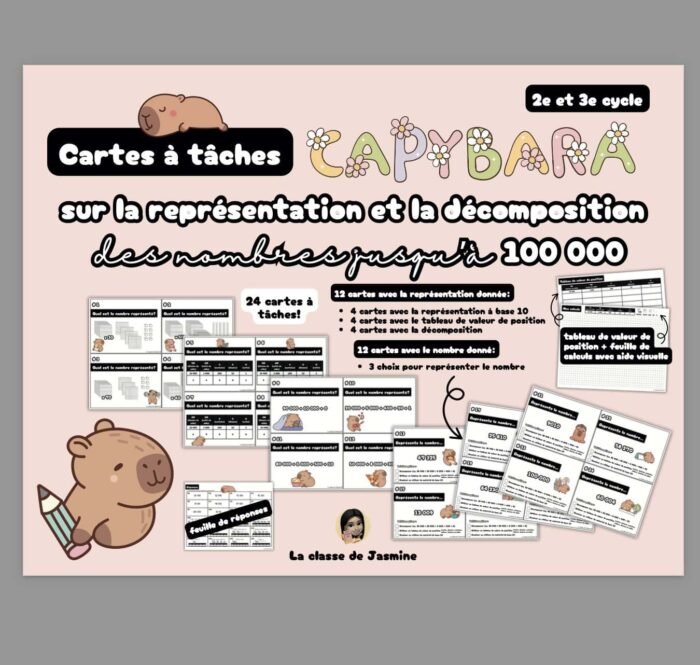 Cartes à tâches (thème capybara) – Représentation et décomposition des nombres jusqu’à 100 000 – Image 1